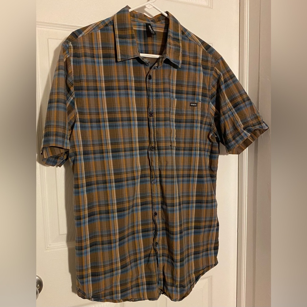 RVCA Men's Plaid Casual Button Down Shirt - Brown and Blue